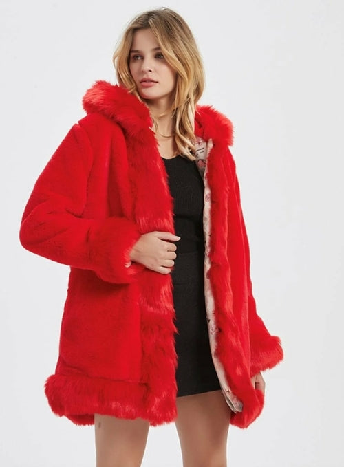 LuxeFrost™ Hooded Faux Fur Collar Coat – Winter Elegance Edition