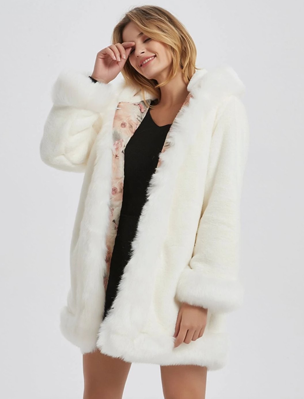 LuxeFrost™ Hooded Faux Fur Collar Coat – Winter Elegance Edition