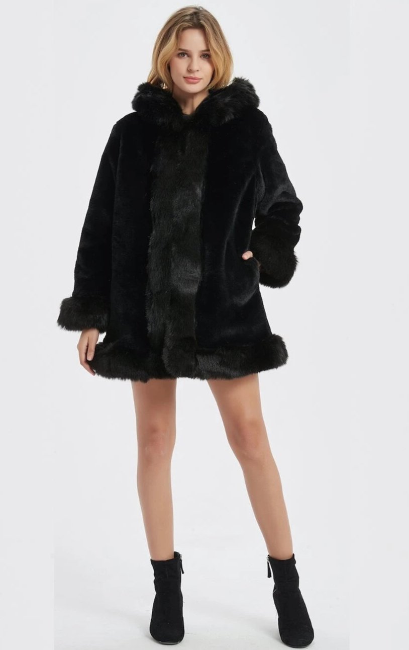 LuxeFrost™ Hooded Faux Fur Collar Coat – Winter Elegance Edition