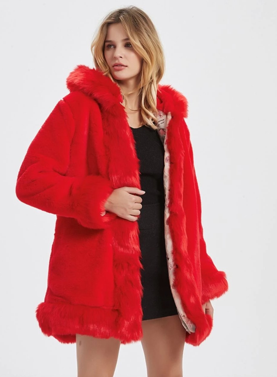 LuxeFrost™ Hooded Faux Fur Collar Coat – Winter Elegance Edition